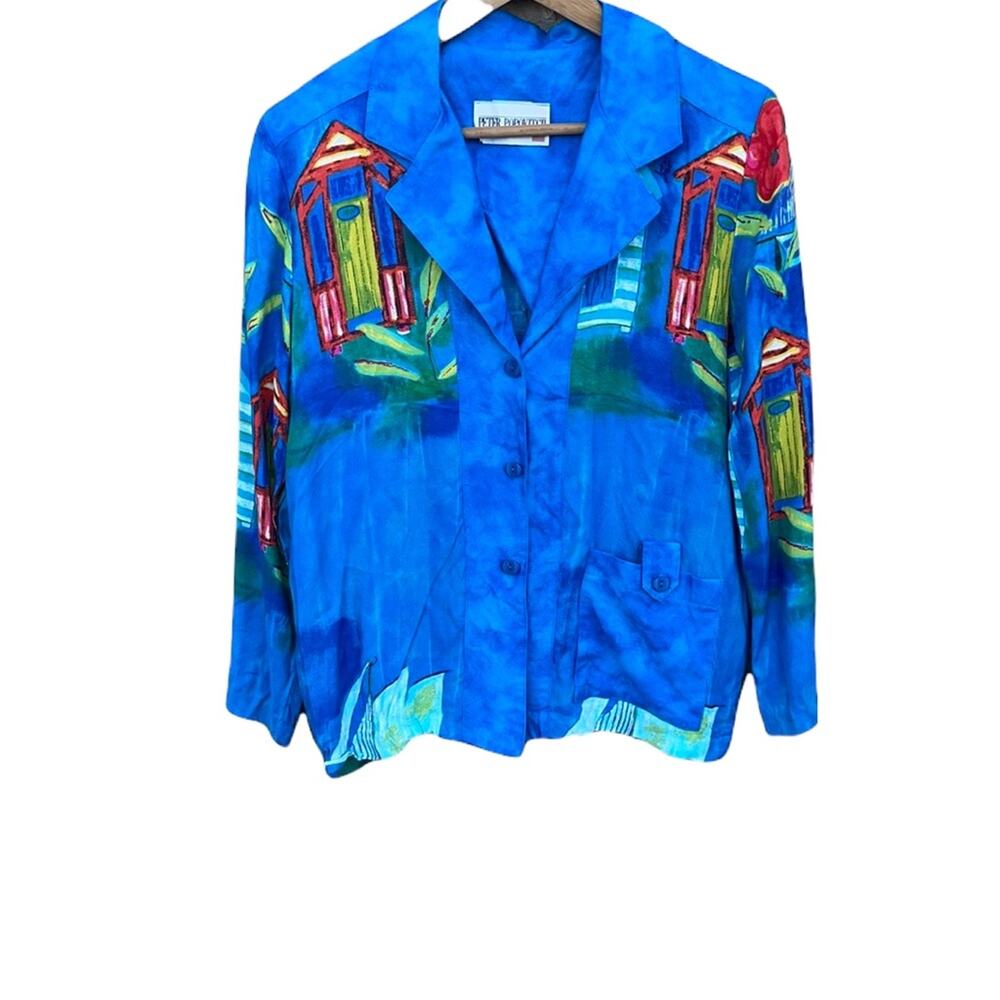Vintage Peter Popovitch blue lightweight blazer sailboats Made in USA size M/L